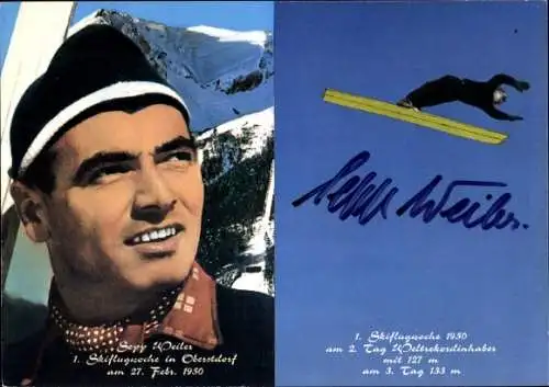 Ak Sepp Weiler, 1. Skiflugwoche in Oberstdorf 1950, Autogramm