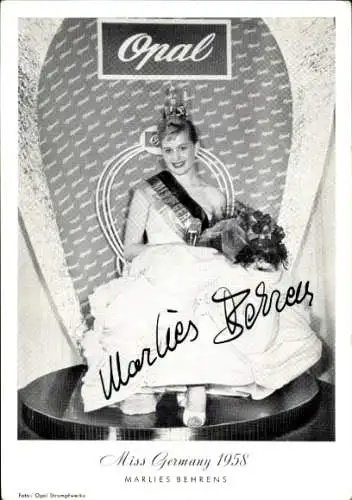 Ak Miss Germany 1958 Marlies Behrens, Schönheitskönigin, Krone, Autogramm, Opal Strumpfwerke