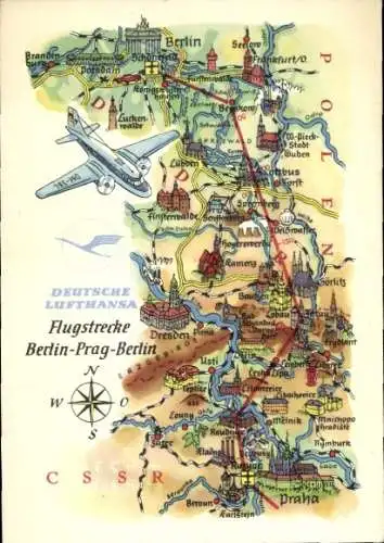 Landkarten Ak Berlin, Deutsche Lufthansa, Flugstrecke Berlin Prag