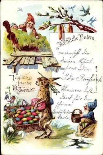Litho Glückwunsch Ostern, Ostereierkorb, Osterhase, Zwerge