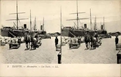 Stereo Ak Alexandria Ägypten, Les Docks, Dampfschiff im Hafen