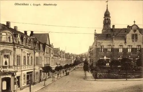 Ak Olbernhau im Erzgebirge, Albertstraße, Geschäfte, Postamt