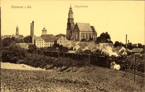 Ak Kamenz Sachsen, Teilansicht, Hauptkirche, Güterzug