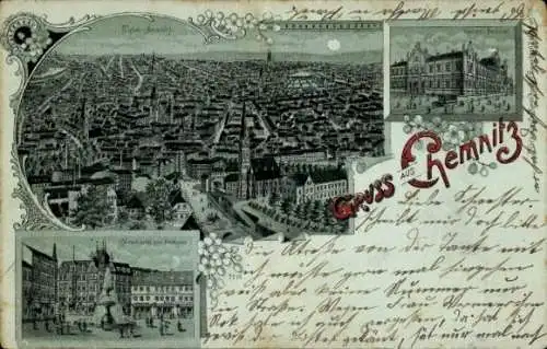 Mondschein Litho Chemnitz in Sachsen, Gesamtansicht, Neumarkt, Postamt