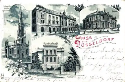 Litho Düsseldorf am Rhein, Johanniskirche, Tonhalle, Theater, Malkasten