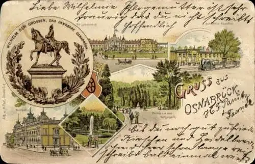 Litho Osnabrück in Niedersachsen, Hauptbahnhof, Denkmal Wilhelm der Große, Park, Dampflokomotive