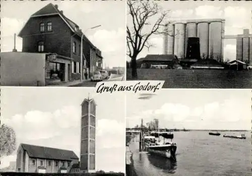 Ak Godorf Köln am Rhein, Kirche, Gebäude, Fabrik, Uferansicht