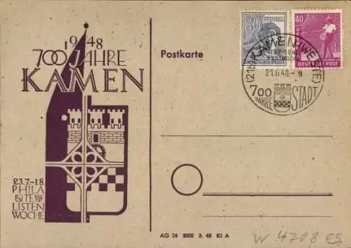 Wappen Ak Kamen in Westfalen, 700 Jahrfeier 1948, Philatelistenwoche