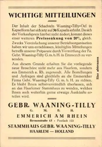 Ak Emmerich am Niederrhein, Gebr. Waaning-Tilly GmbH, Fabrikanten des echt Waaning-Tilly-Oels