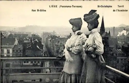 Ak Liège Lüttich Wallonien, Panorama-Terrasse, Rue St-Gilles, St-Christophe, zwei Frauen