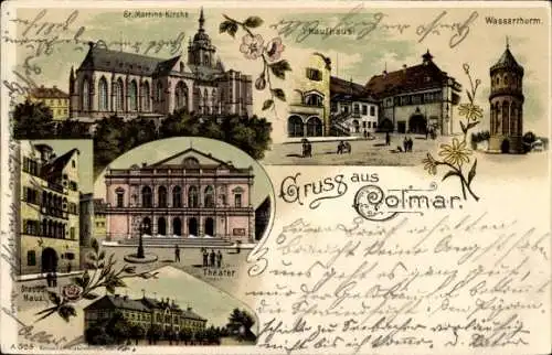 Litho Colmar Kolmar Elsass Haut Rhin, Theater, Kaufhaus, Wasserturm, Kirche