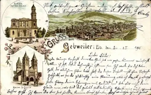 Litho Guebwiller Gebweiler Elsass Haut Rhin, Gesamtansicht, Kirche Notre Dame