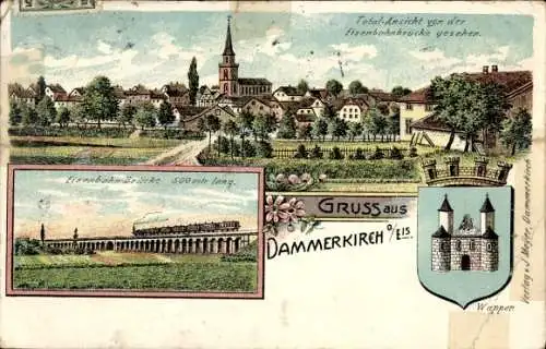 Wappen Litho Dannemarie Dammerkirch Elsass Haut Rhin, Gesamtansicht, Eisenbahnbrücke