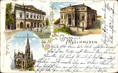 Litho Mulhouse Mülhausen Elsass Haut Rhin, Theater, Museum, Protestantische Kirche