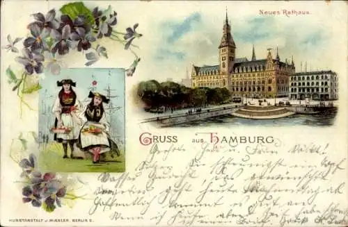 Litho Hamburg Altstadt, Neues Rathaus, Vierländerinnen