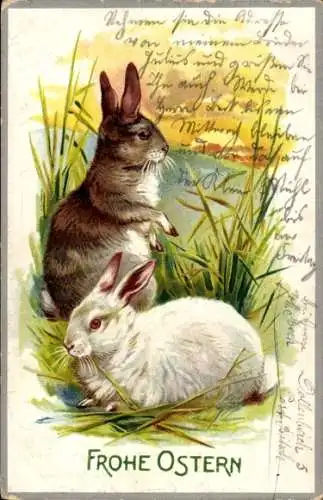 Ak Glückwunsch Ostern, Brauner und weißer Hase im Gras