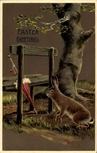 Präge Ak Glückwunsch Ostern, Hase betrachtet einen Regenschirm