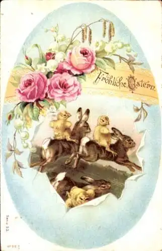 Passepartout Ak Glückwunsch Ostern, Küken reiten auf Hasen, Ei