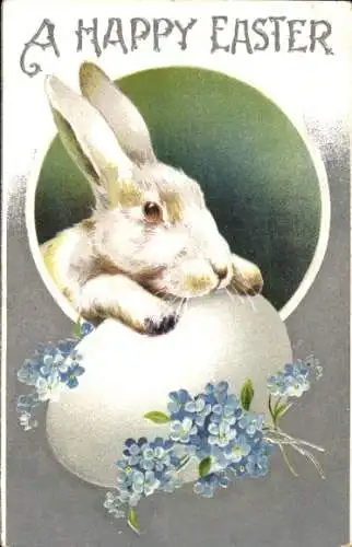 Präge Ak Glückwunsch Ostern, Weißer Hase, Ei, Vergissmeinnichtblüten