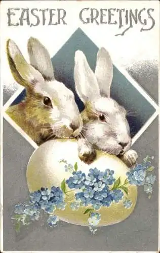 Präge Ak Glückwunsch Ostern, Weiße Hasen, Ei, Vergissmeinnichtblüten