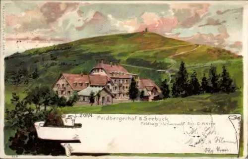 Künstler Litho Zorn, Feldberg Schwarzwald, Ansicht vom Feldbergerhof und Seebruck, Inh. C. Mayer