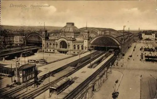 Ak Dresden, Hauptbahnhof, Straßenbahnen, Busse