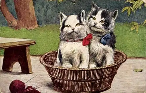 Ak Zwei Katzen in einem Weidenkorb