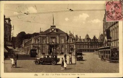Ak Eu Seine Maritime, Place Carnot, Rathaus, Straßenbahn