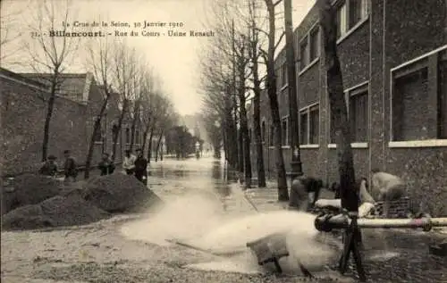 Ak Billancourt Hauts de Seine, Überschwemmung der Seine, 30. Januar 1910, Rue du Cours, Renault-Werk
