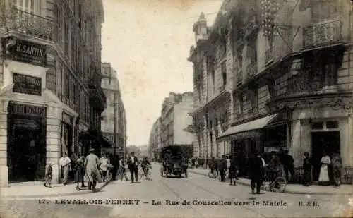 Ak Levallois Perret Hauts de Seine, Rue de Courcelles in Richtung Rathaus
