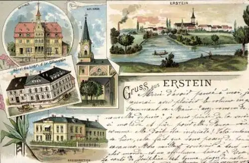 Litho Erstein Elsaß Bas Rhin, Rathaus,Kath. Kirche,Hôtel du Lion,Kreisdirektion