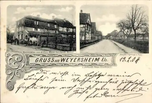 Ak Weyersheim Elsass Bas Rhin, Restauration zum Grünen Baum, Dorfeingang