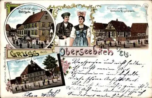 Litho Oberseebach Seebach Elsass Bas Rhin, Spezereihandlung Camille Eisenmann, Rathaus, Tracht