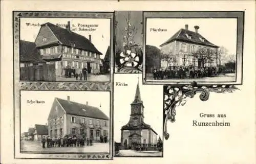 Ak Rountzenheim Runzenheim Elsass Bas Rhin, Pfarrhaus, Schule, Kirche, Gasthaus zum Sternen