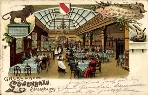 Litho Strasbourg Straßburg Elsass Bas Rhin, Gasthaus Löwenbräu, Innenansicht