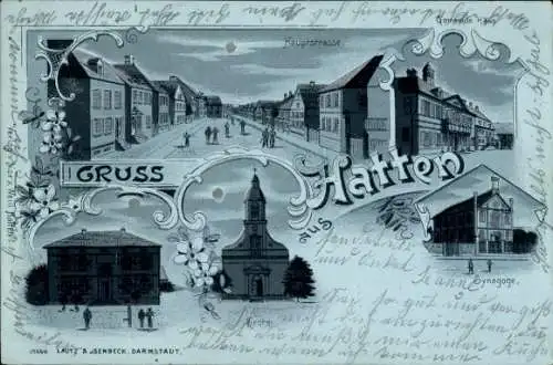 Judaika Mondschein Litho Hatten Elsass Bas Rhin, Synagoge, Hauptstraße