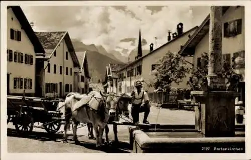 Ak Garmisch Partenkirchen in Oberbayern, Mann in Tracht mit Kühen am Brunnen