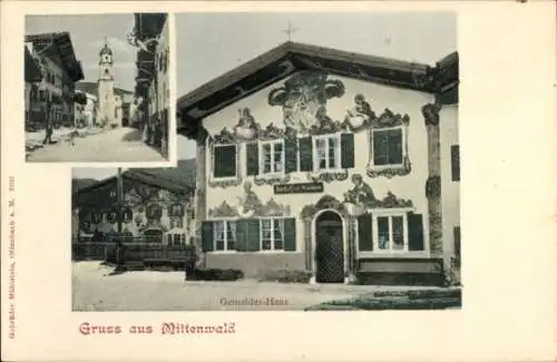 Ak Mittenwald in Oberbayern, Gemaldes Haus, Kirchturm