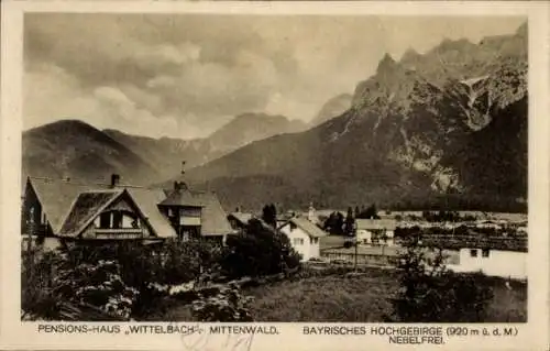 Ak Mittenwald in Oberbayern, Pensions Haus Wittelbach, Alpenpanorama