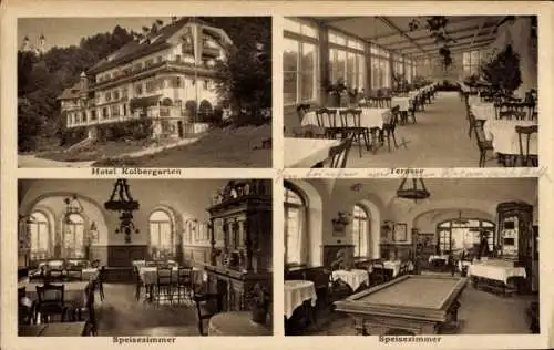 Ak Bad Tölz in Oberbayern, Hotel Kolbrgarten, Terrasse, Speisezimmer