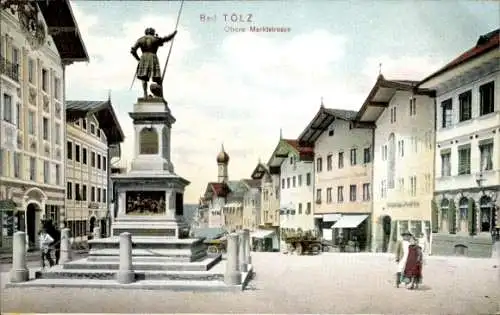 Ak Bad Tölz im Isartal Oberbayern, Obere Marktstraße mit Denkmal