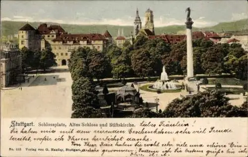 Ak Stuttgart in Württemberg, Schlossplatz, Altes Schloss, Stiftskirche, Säule, Springbrunnen