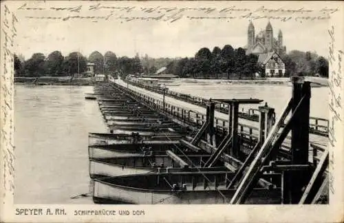 Ak Speyer am Rhein, Schiffbrücke, Dom, Boote