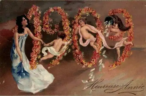 Präge Ak Glückwunsch Neujahr 1909, Engel, Frau, Blumen