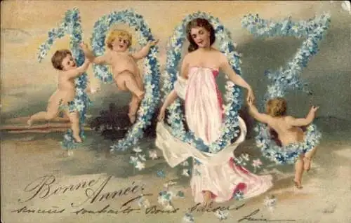 Präge Ak Glückwunsch Neujahr 1907, Engel, Frau, Blumen