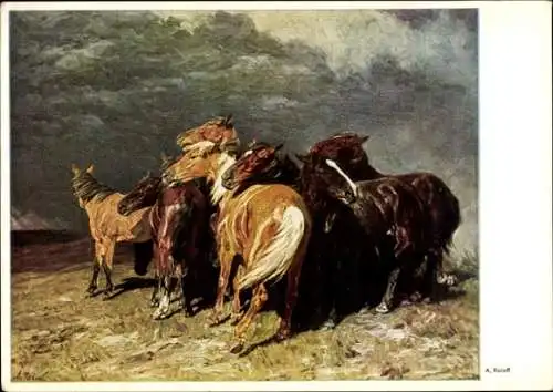 Künstler Ak Roloff, A., Pferde im Gewitter, Horses in a Thunderstorm