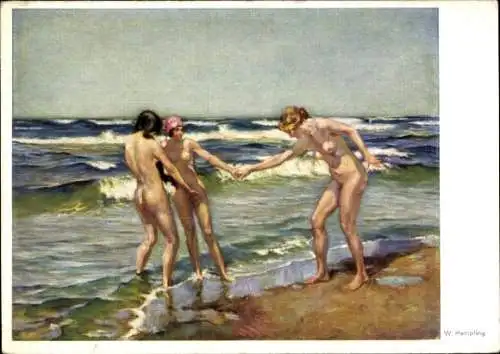 Künstler Ak Hempfing, W., Seetöchter, Drei nackte Frauen am Strand