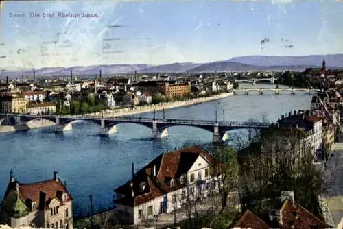 Ak Basel Bâle Stadt Schweiz, Panorama mit den drei Rheinbrücken