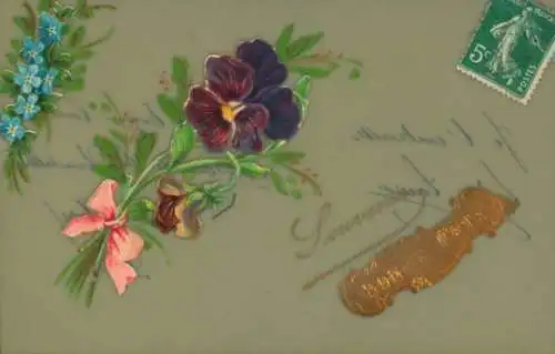 Zelluloid Ak Kitsch, Blumen, Stiefmütterchen