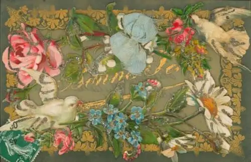 Zelluloid Glitzer Ak Glückwunsch, Tauben, Stoffschleife, Blumen